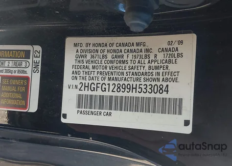 2009 Honda Civic Ex z USA, uszkodzony, nr VIN 2HGFG12899H533084